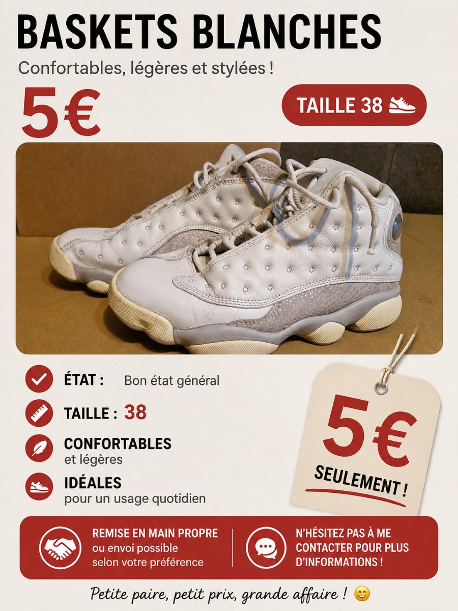 Baskets blanches – Taille 38 – 5 €