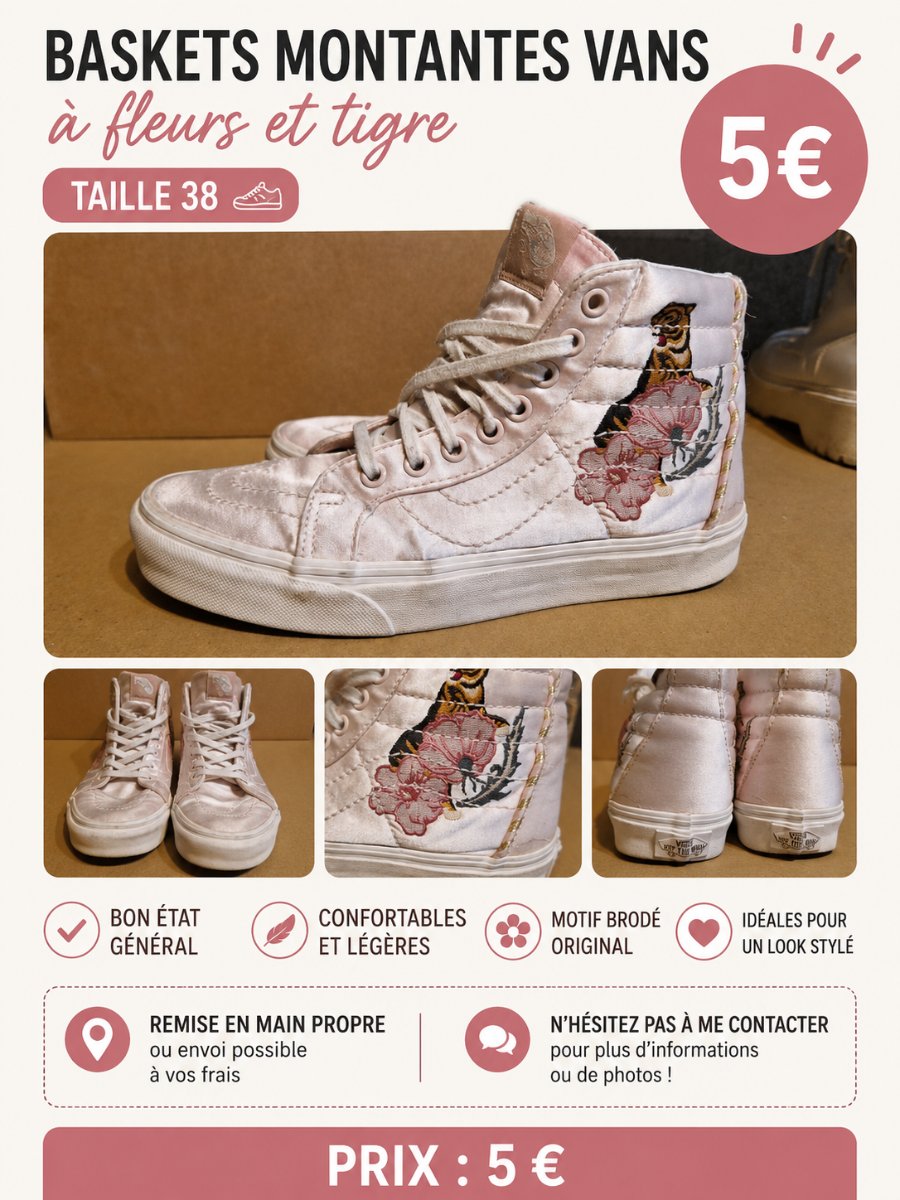 Chaussures montantes Vans roses à fleurs – Taille 38 – 5 €