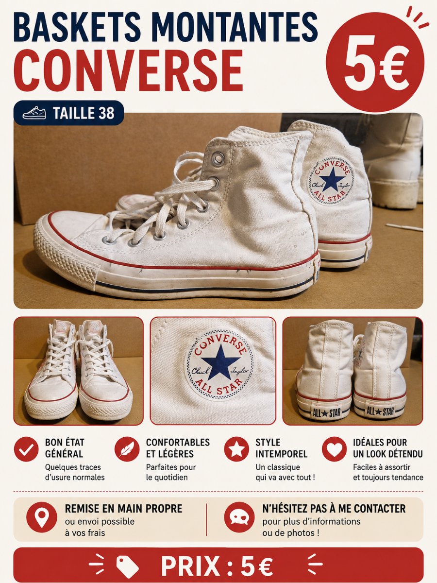 Converse montantes blanches – Taille 38 – 5 €