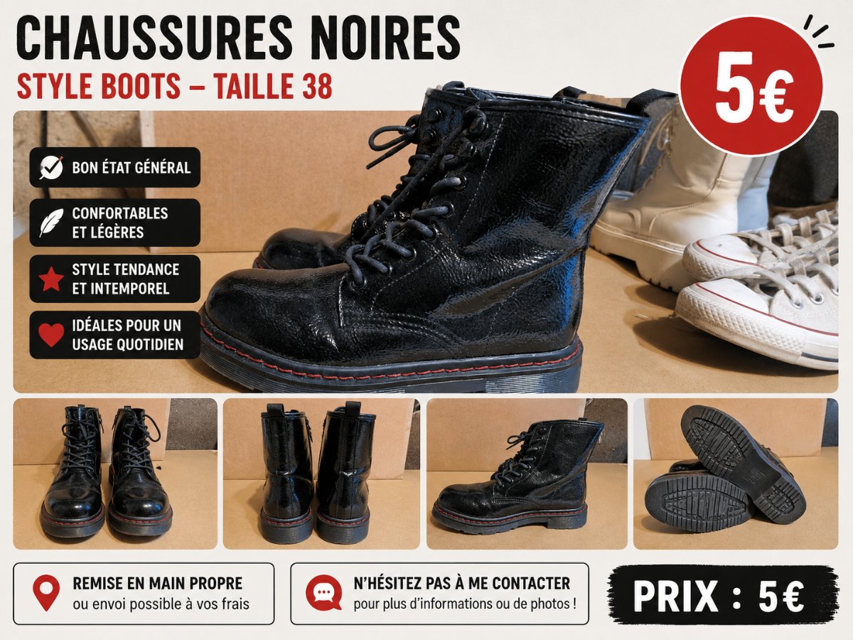 Bottines noires vernies – Taille 38 – 5 €